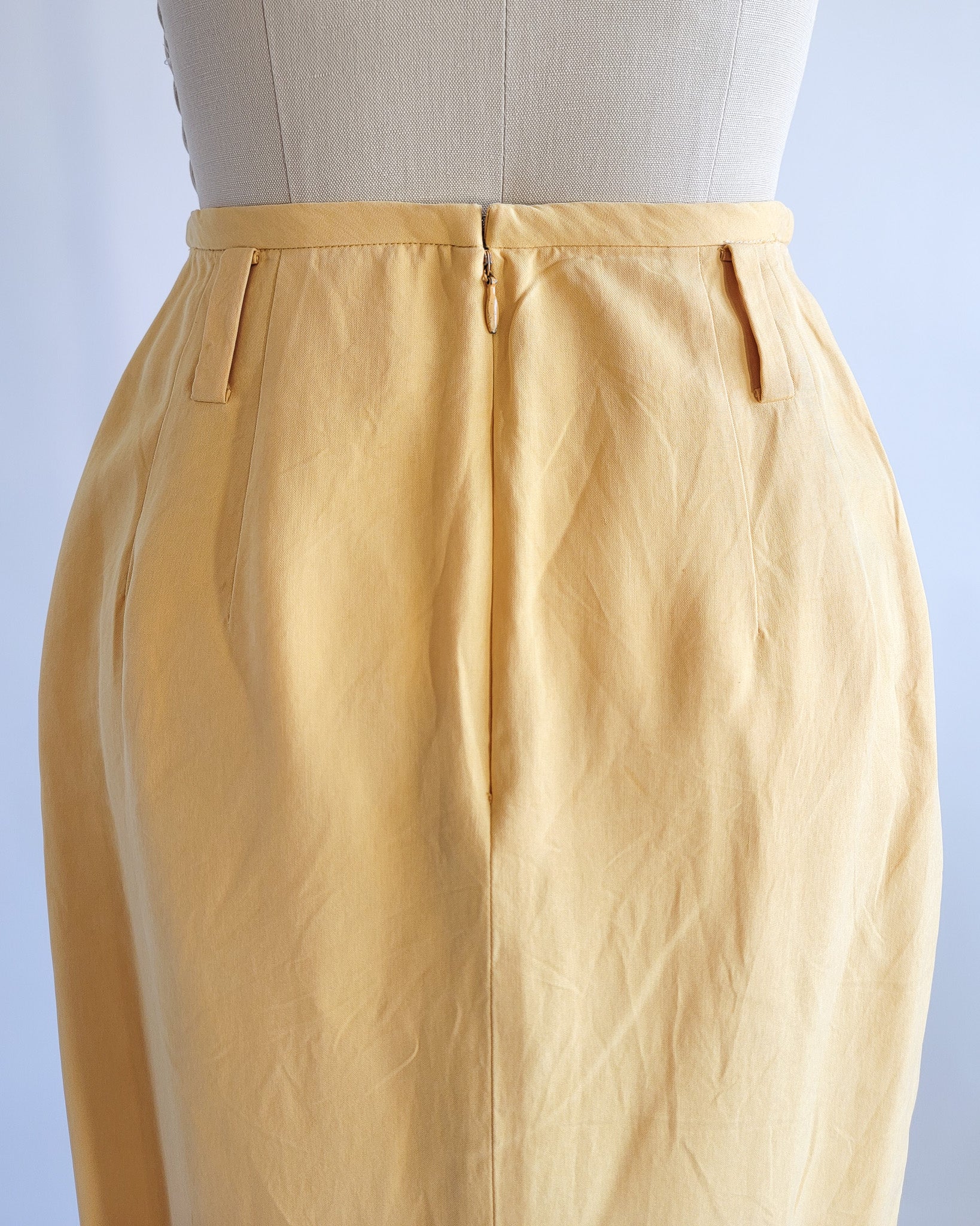 90s Linda Allard Ellen Tracy Silk Yellow High Waisted Pencil Skirt