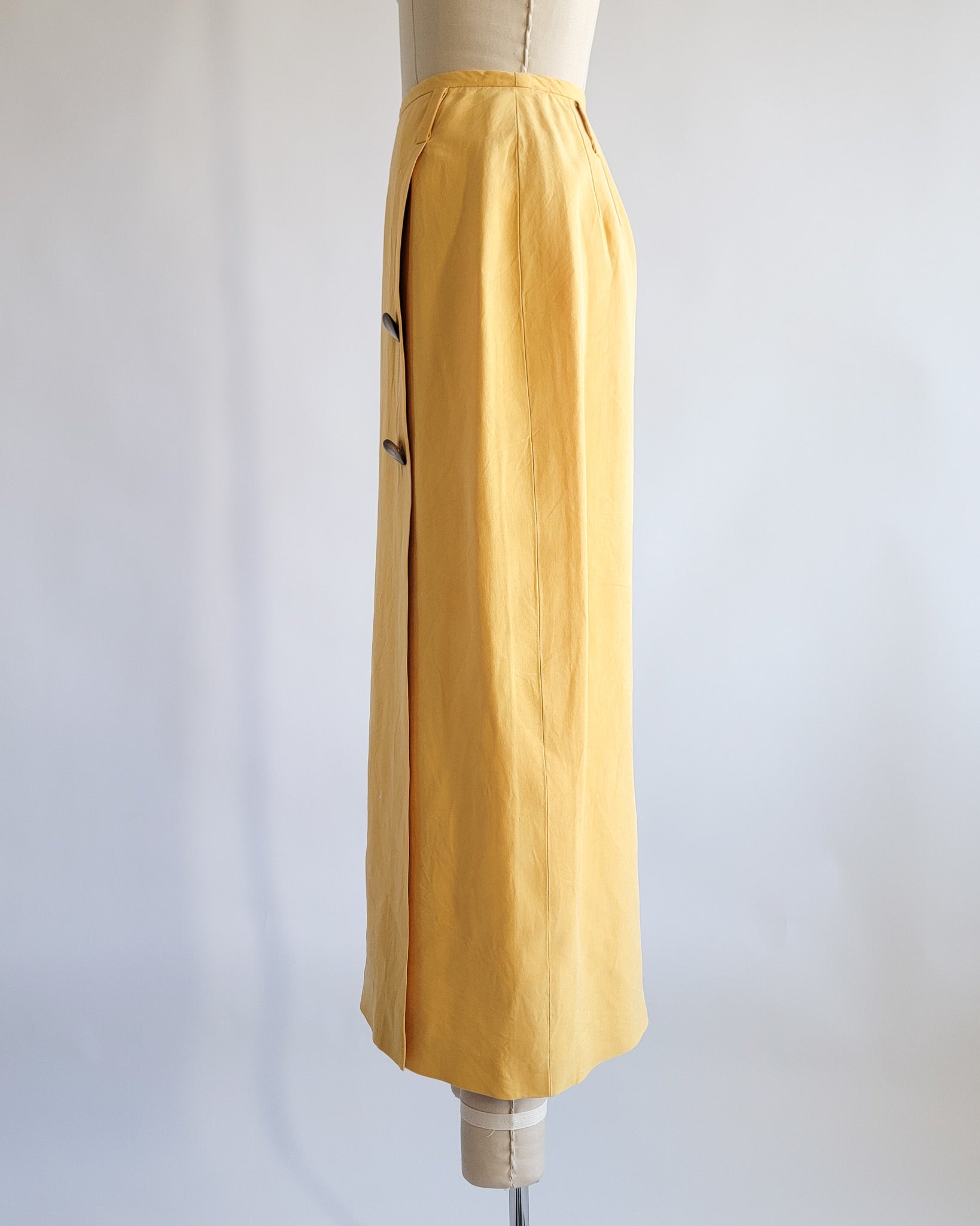 90s Linda Allard Ellen Tracy Silk Yellow High Waisted Pencil Skirt