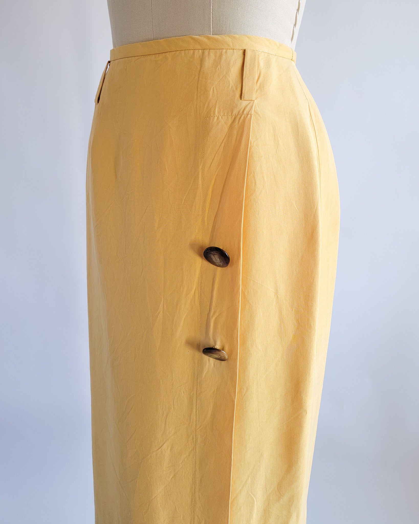 90s Linda Allard Ellen Tracy Silk Yellow High Waisted Pencil Skirt