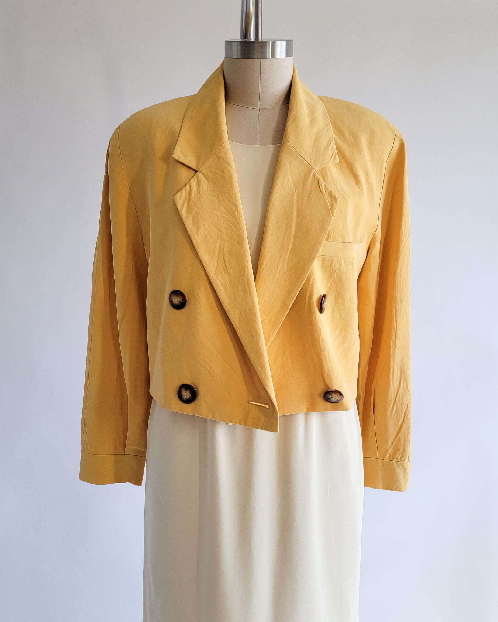 90s Linda Allard Ellen Tracy Silk Yellow Cropped Double Breasted Blazer