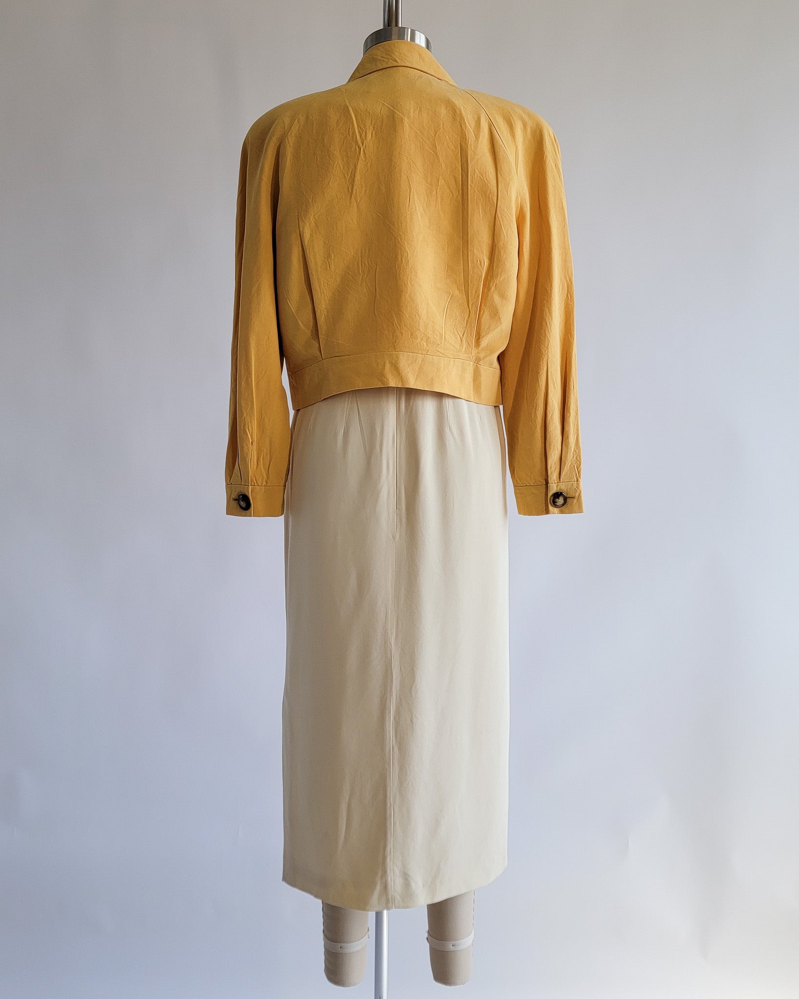 90s Linda Allard Ellen Tracy Silk Yellow Cropped Double Breasted Blazer