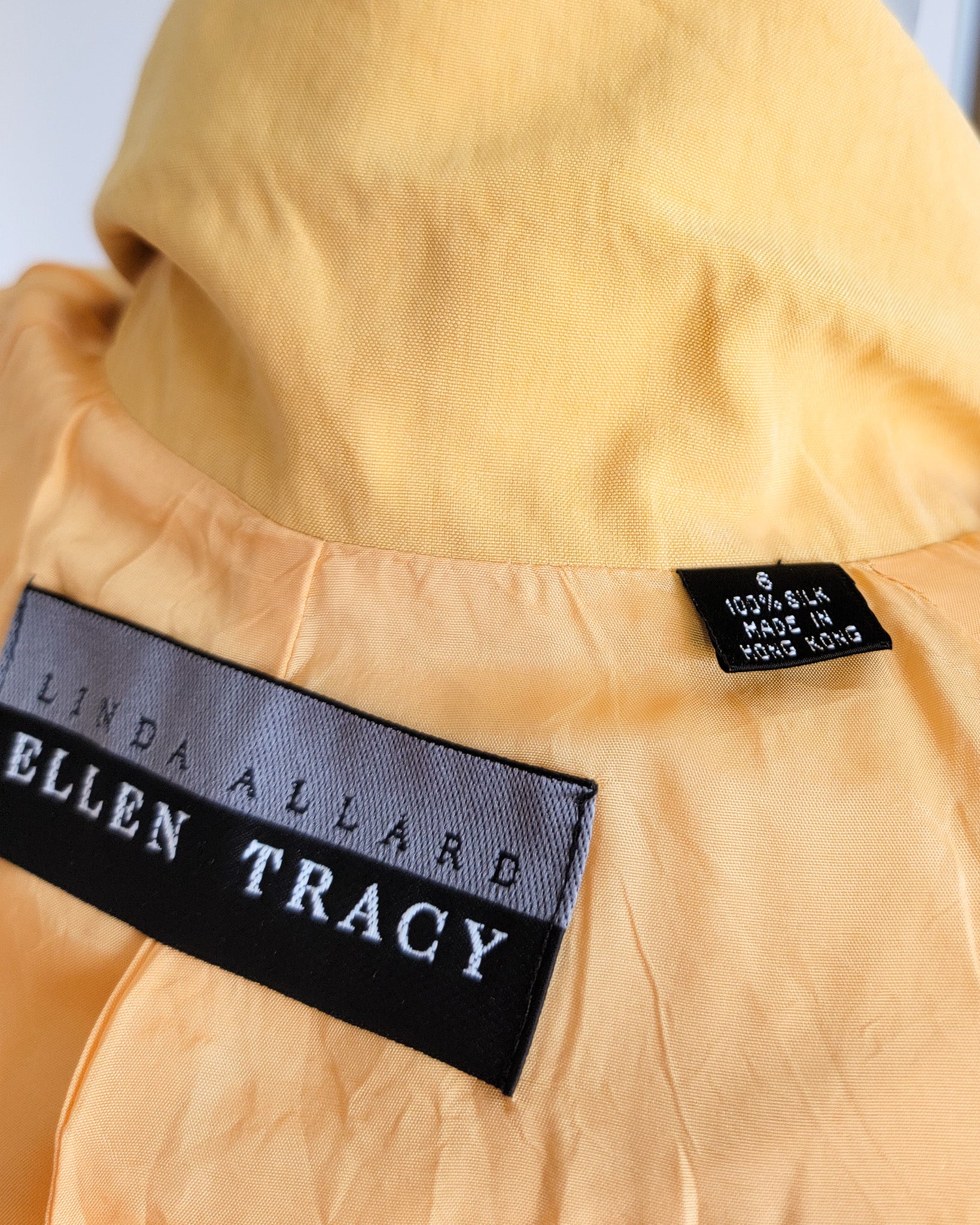 90s Linda Allard Ellen Tracy Silk Yellow Cropped Double Breasted Blazer