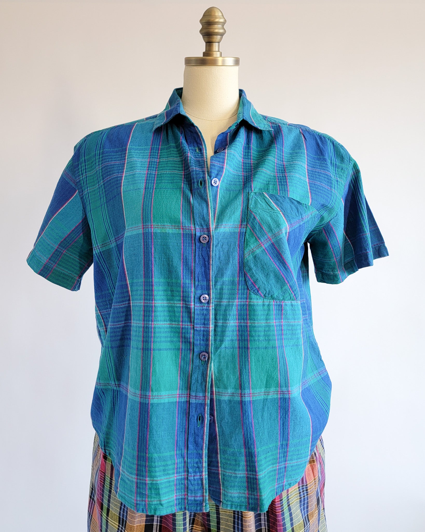 90s Blue Green Madras Plaid Cotton Short Sleeve Shirt