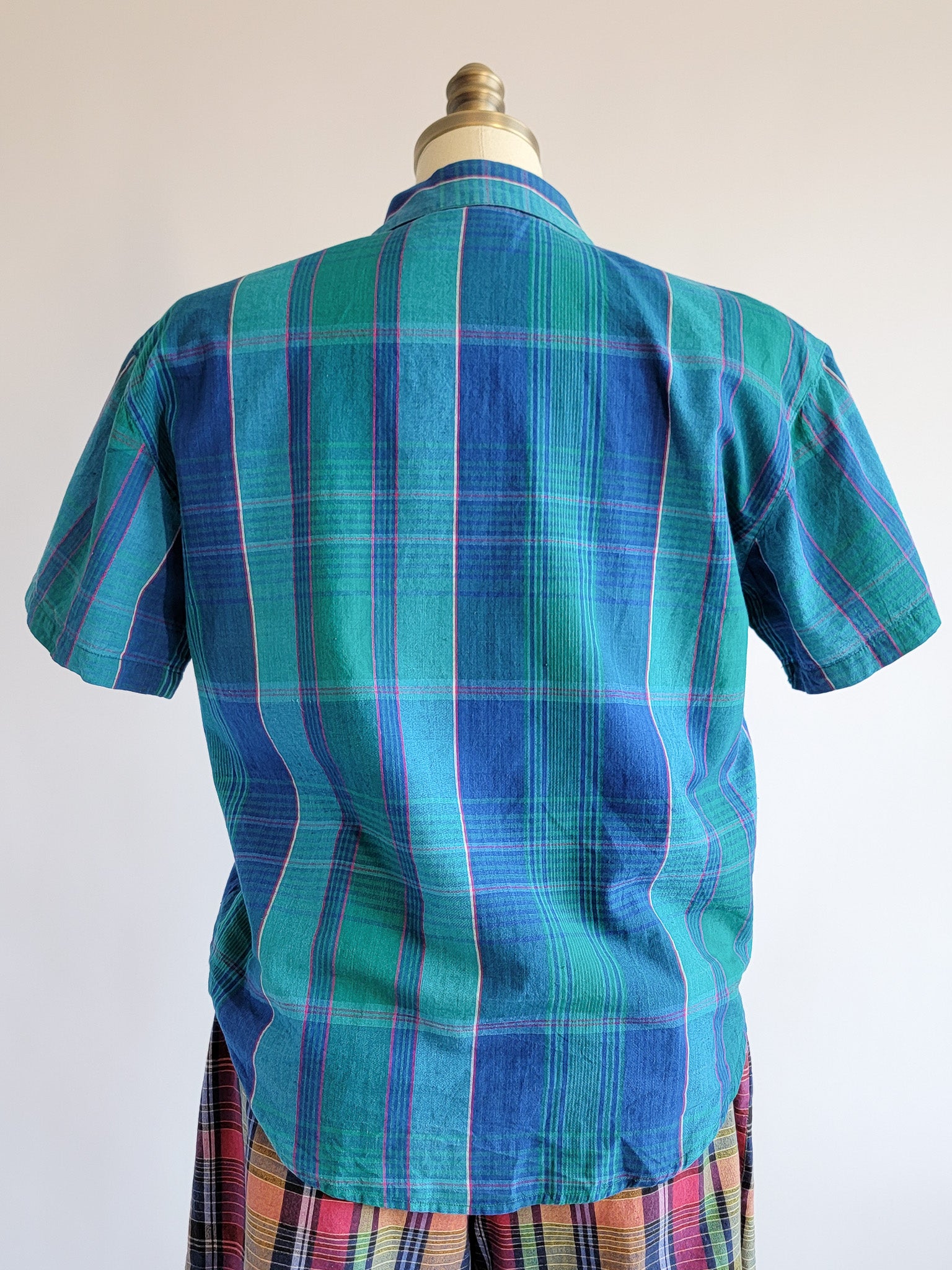 90s Blue Green Madras Plaid Cotton Short Sleeve Shirt