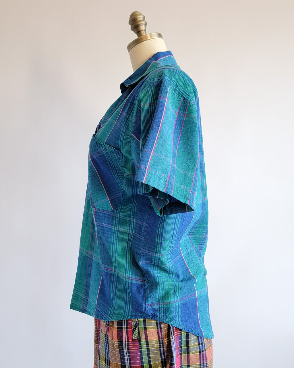 90s Blue Green Madras Plaid Cotton Short Sleeve Shirt