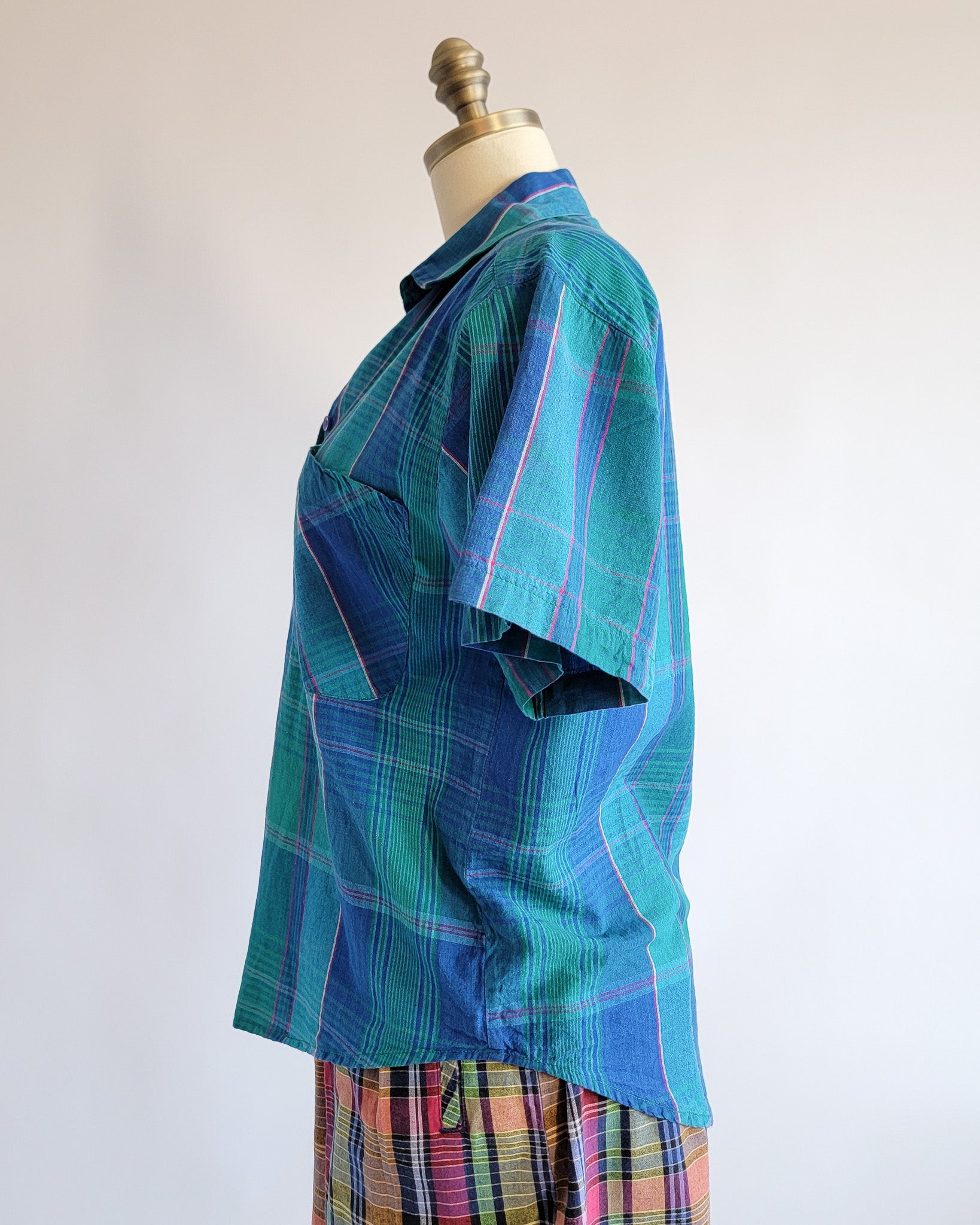 90s Blue Green Madras Plaid Cotton Short Sleeve Shirt