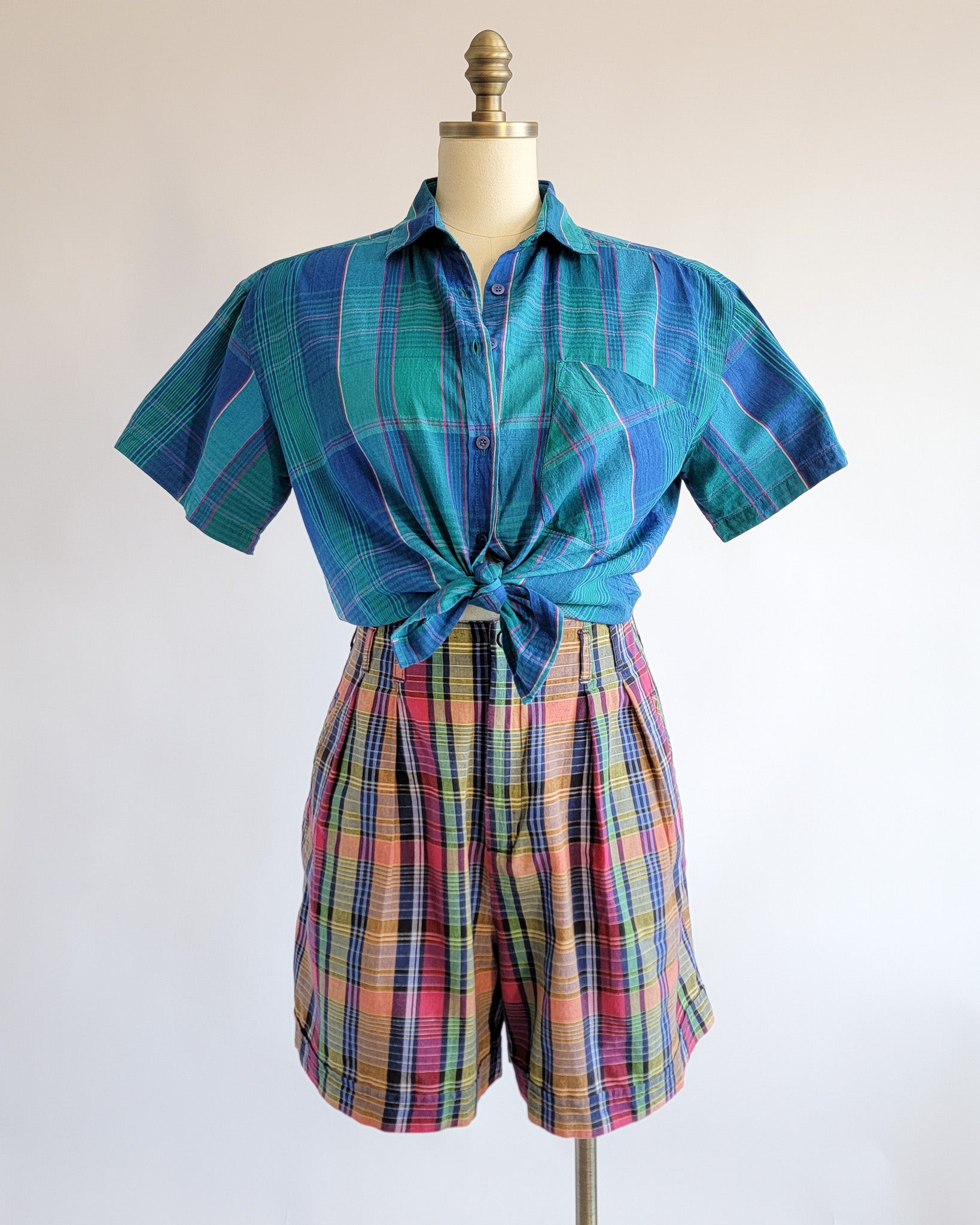 90s Blue Green Madras Plaid Cotton Short Sleeve Shirt