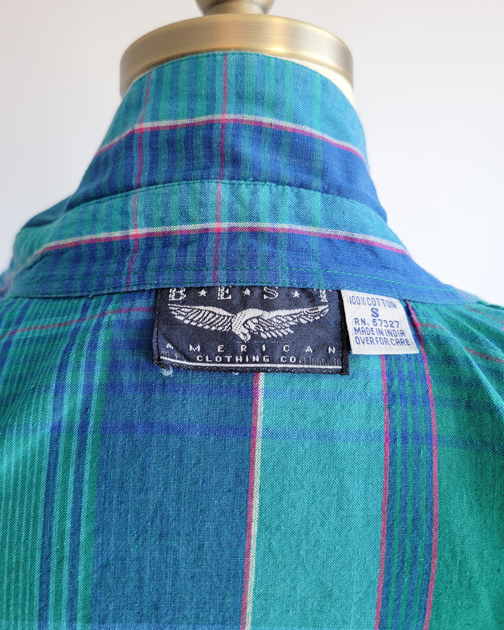 90s Blue Green Madras Plaid Cotton Short Sleeve Shirt