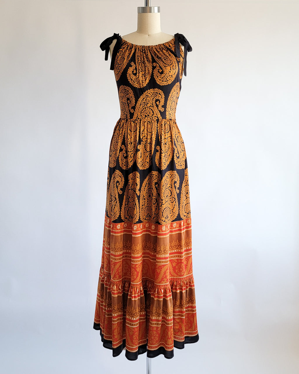 60s Polly Peck Shoulder Tie Straps Bronze Orange Black Print Maxi