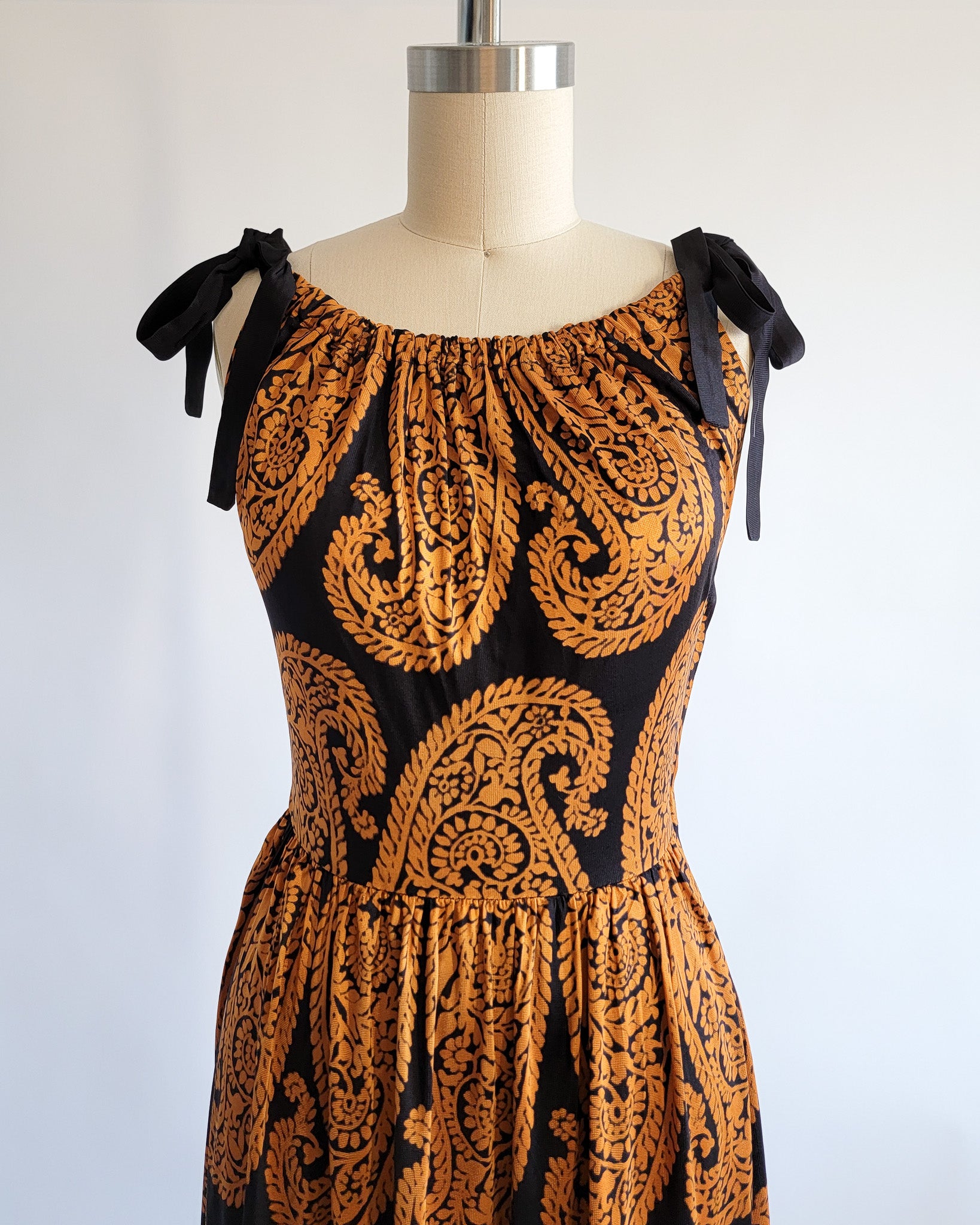 60s Polly Peck Shoulder Tie Straps Bronze Orange Black Print Maxi