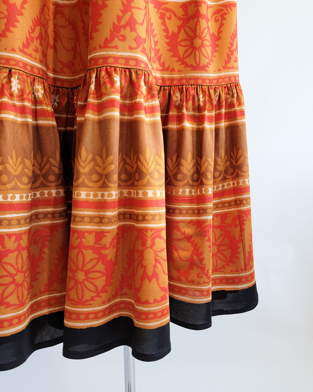 60s Polly Peck Shoulder Tie Straps Bronze Orange Black Print Maxi