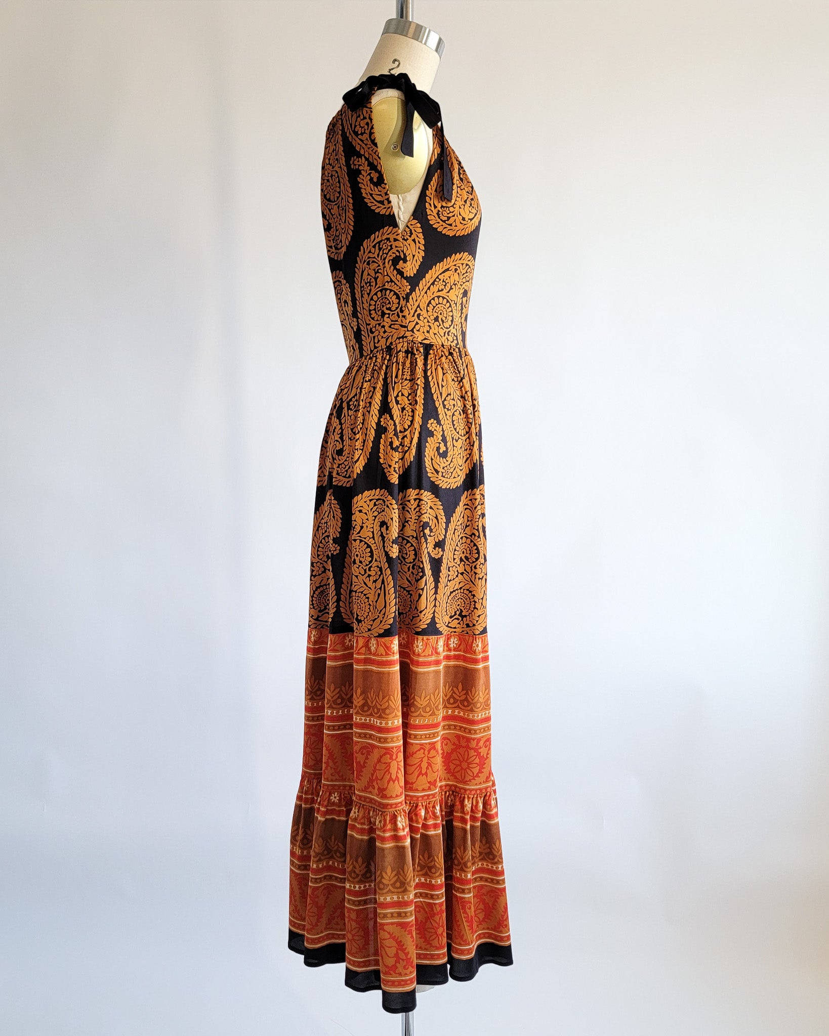 60s Polly Peck Shoulder Tie Straps Bronze Orange Black Print Maxi