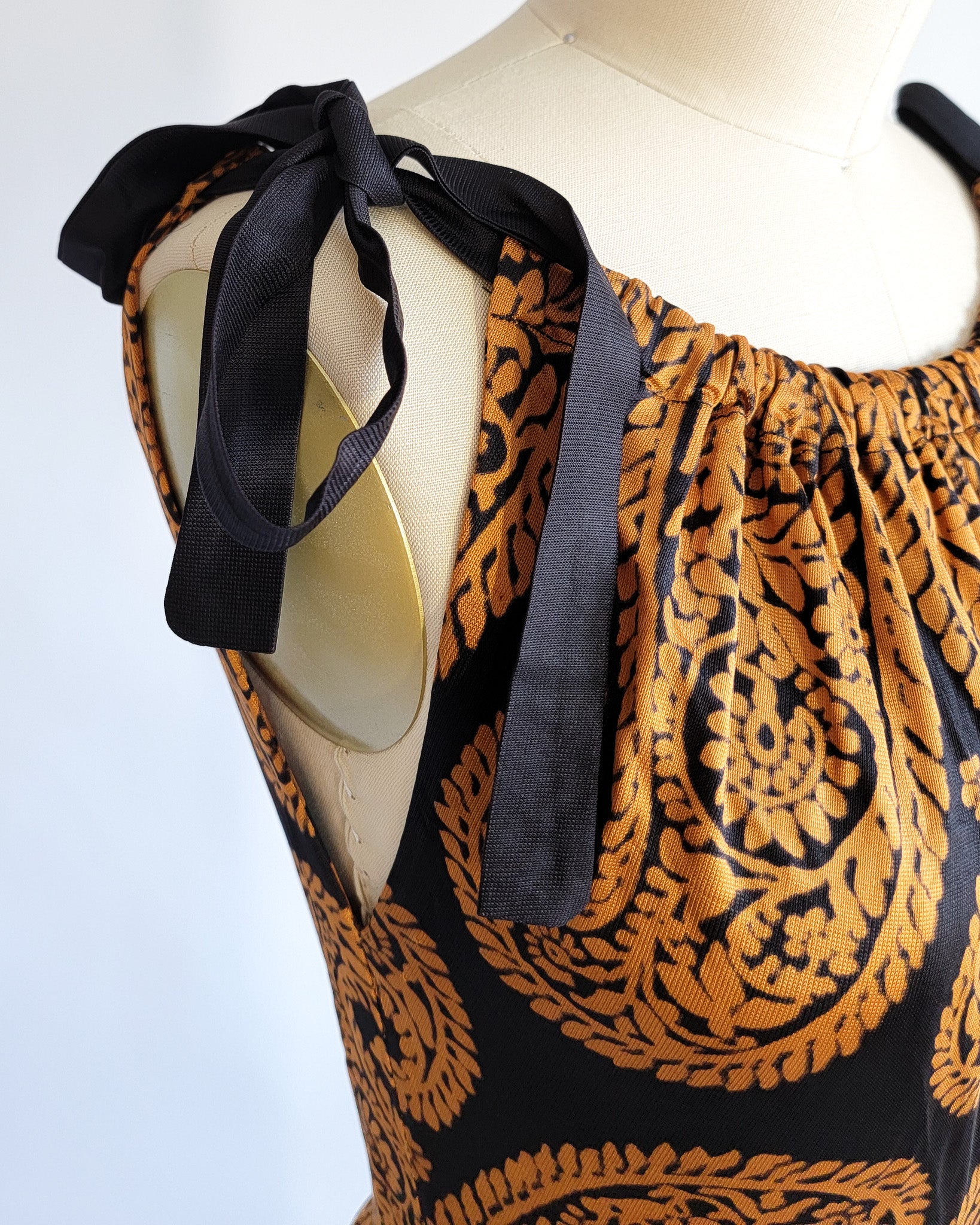 60s Polly Peck Shoulder Tie Straps Bronze Orange Black Print Maxi