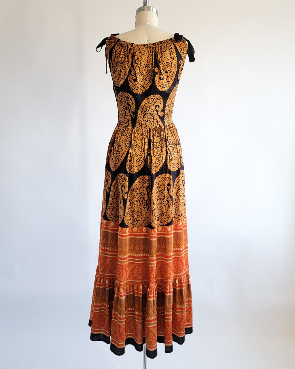 60s Polly Peck Shoulder Tie Straps Bronze Orange Black Print Maxi