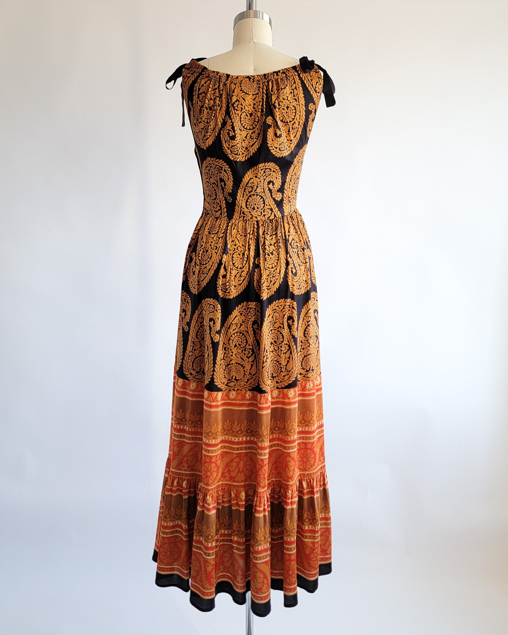 60s Polly Peck Shoulder Tie Straps Bronze Orange Black Print Maxi