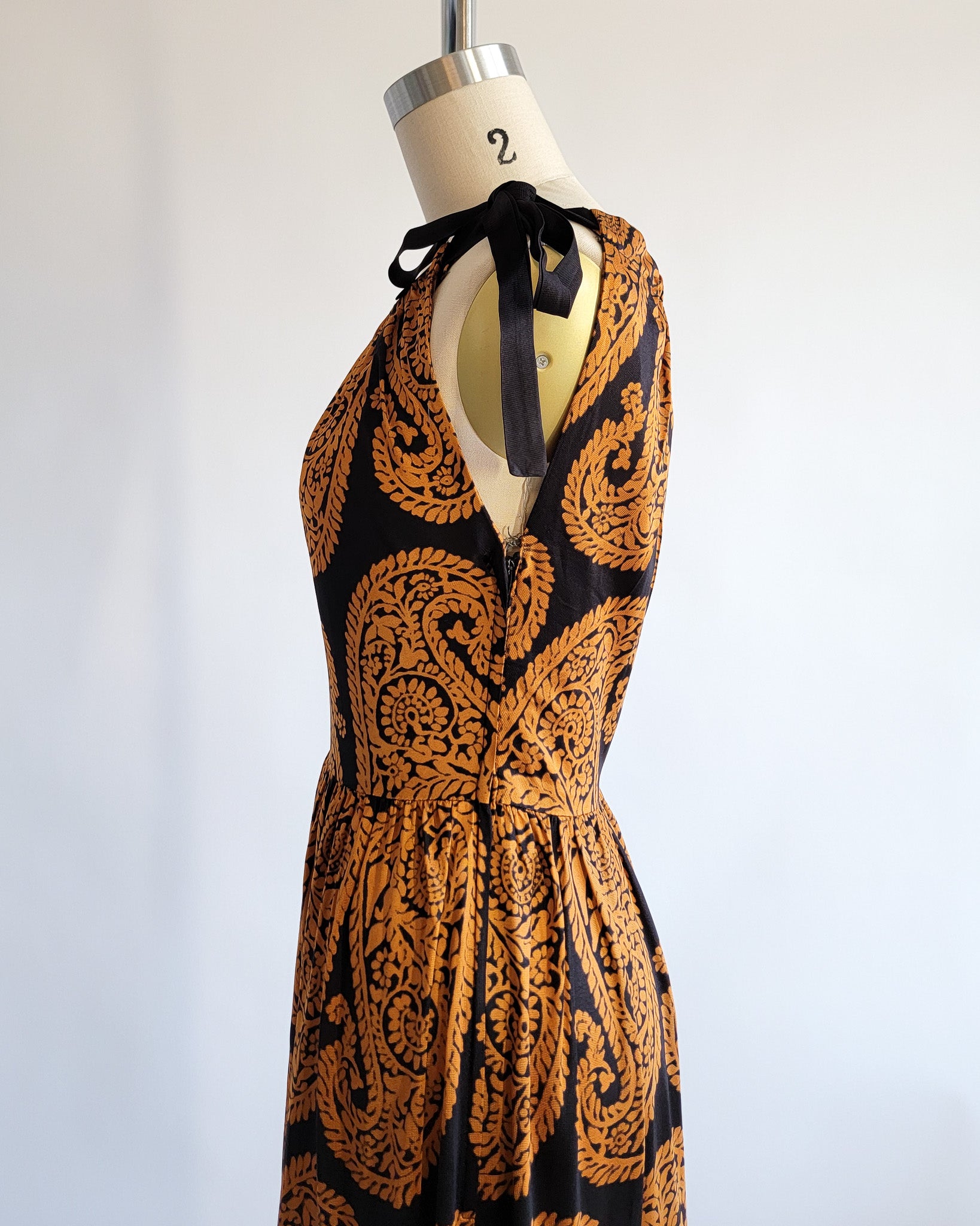 60s Polly Peck Shoulder Tie Straps Bronze Orange Black Print Maxi