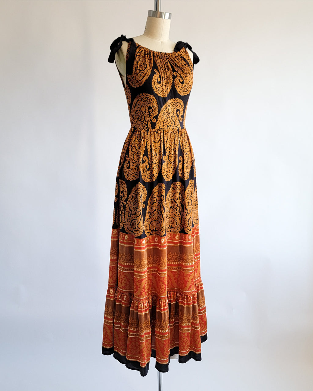 60s Polly Peck Shoulder Tie Straps Bronze Orange Black Print Maxi