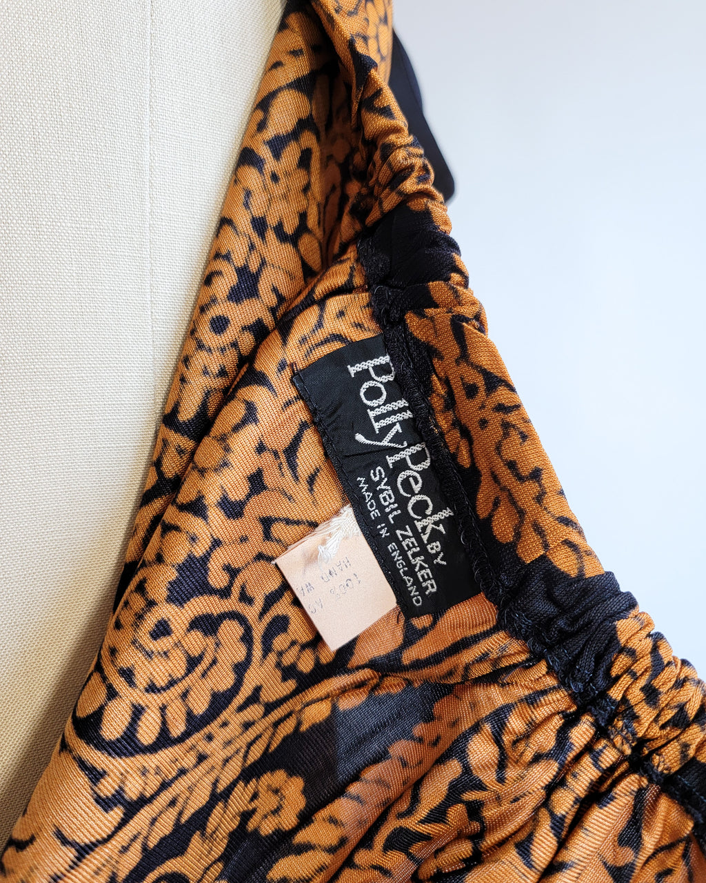 60s Polly Peck Shoulder Tie Straps Bronze Orange Black Print Maxi