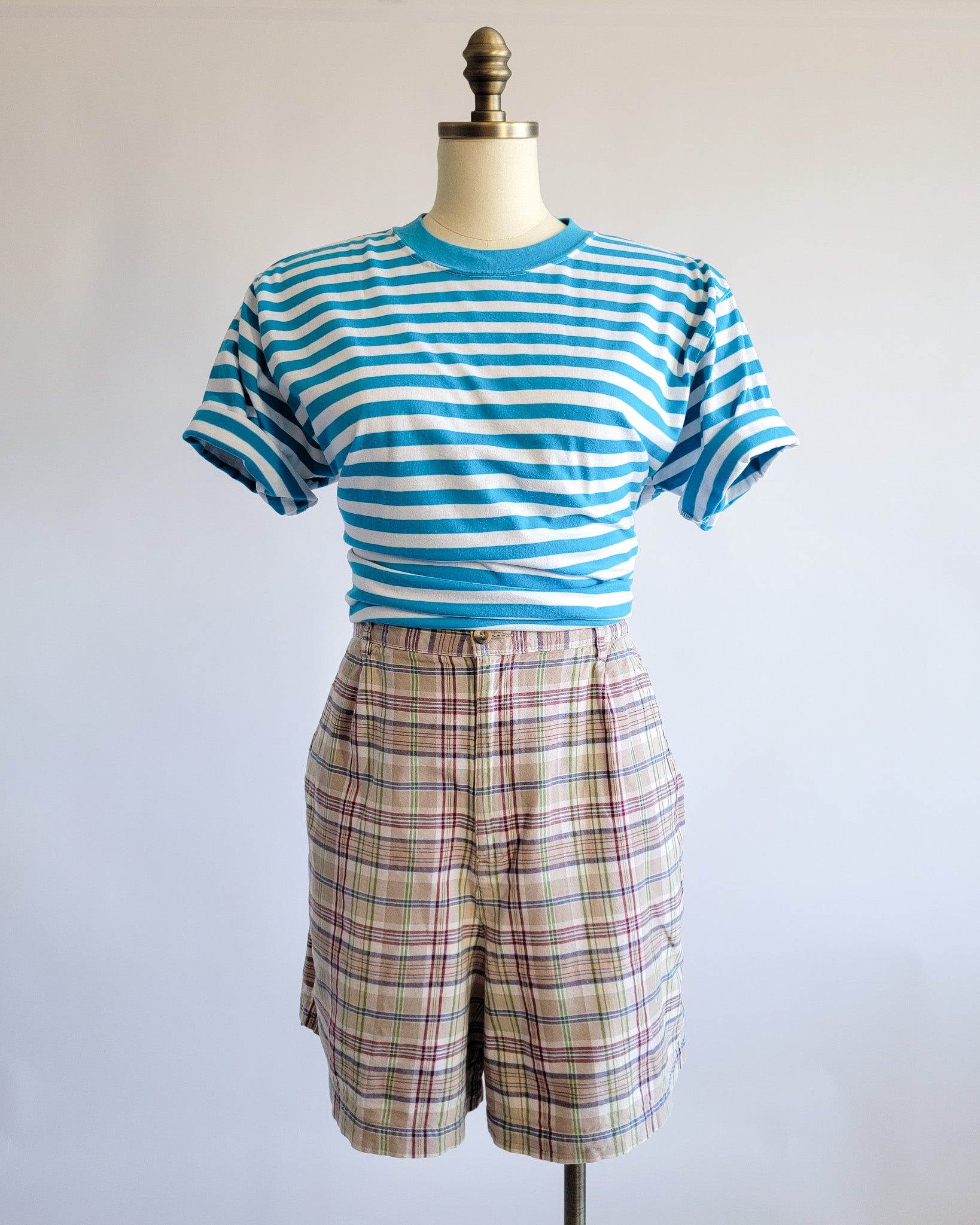 80s Aqua & White Striped Crewneck T-shirt