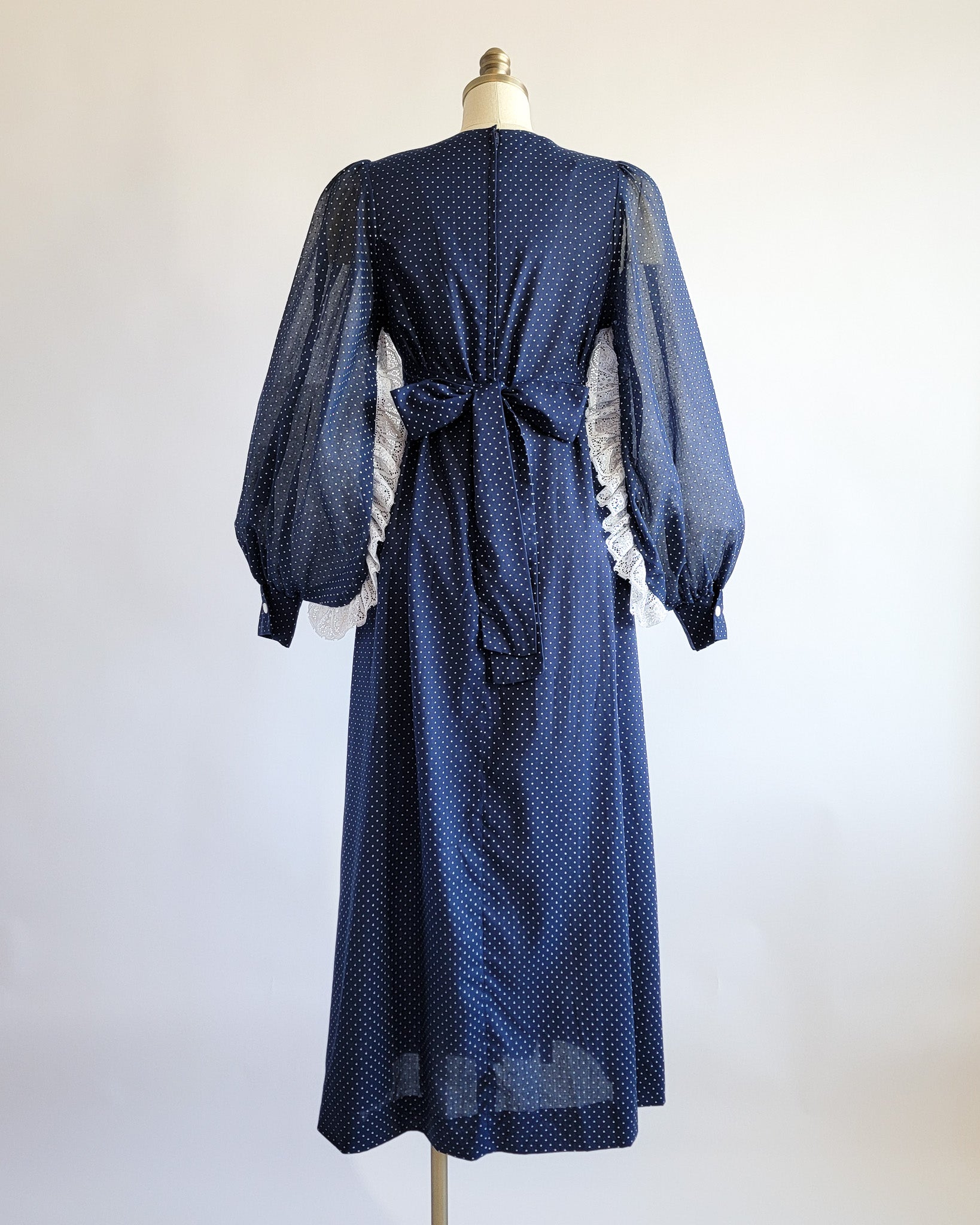 70s Sheer Navy Swiss Dot Maxi Dress w Bishop Sleeves & Lace Trim
