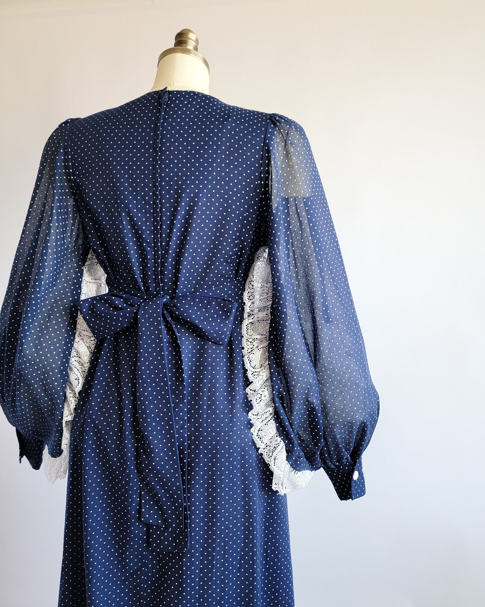 70s Sheer Navy Swiss Dot Maxi Dress w Bishop Sleeves & Lace Trim