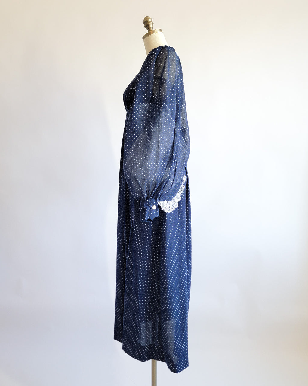 70s Sheer Navy Swiss Dot Maxi Dress w Bishop Sleeves & Lace Trim