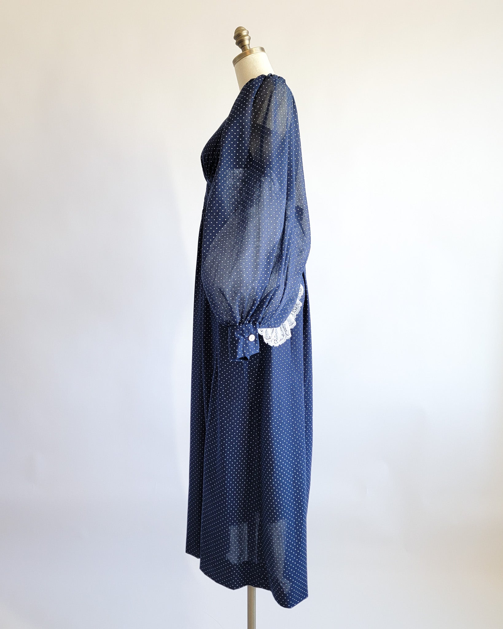 70s Sheer Navy Swiss Dot Maxi Dress w Bishop Sleeves & Lace Trim