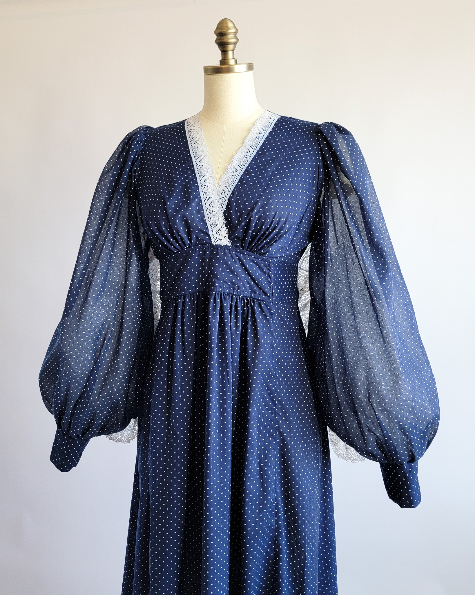 70s Sheer Navy Swiss Dot Maxi Dress w Bishop Sleeves & Lace Trim