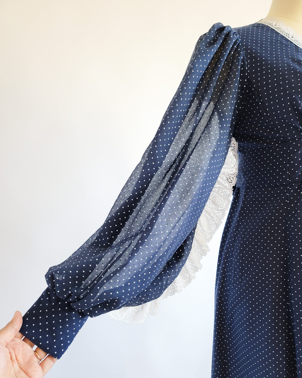 70s Sheer Navy Swiss Dot Maxi Dress w Bishop Sleeves & Lace Trim