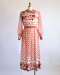 70s Red Roses Silk Chiffon Banded Dress w Velvet Belt & Ruffled Collar