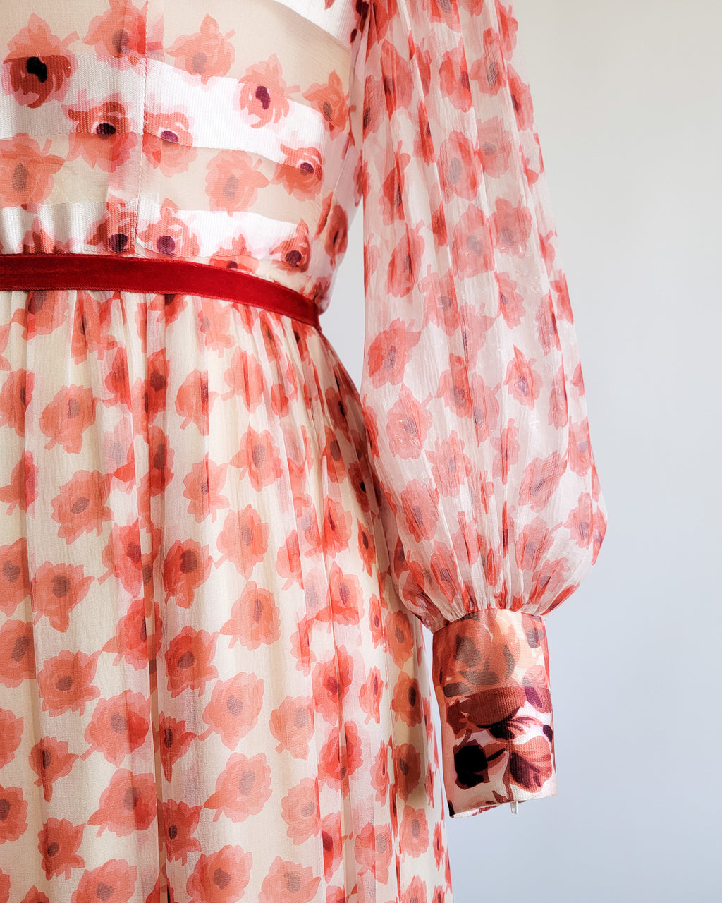 70s Red Roses Silk Chiffon Banded Dress w Velvet Belt & Ruffled Collar