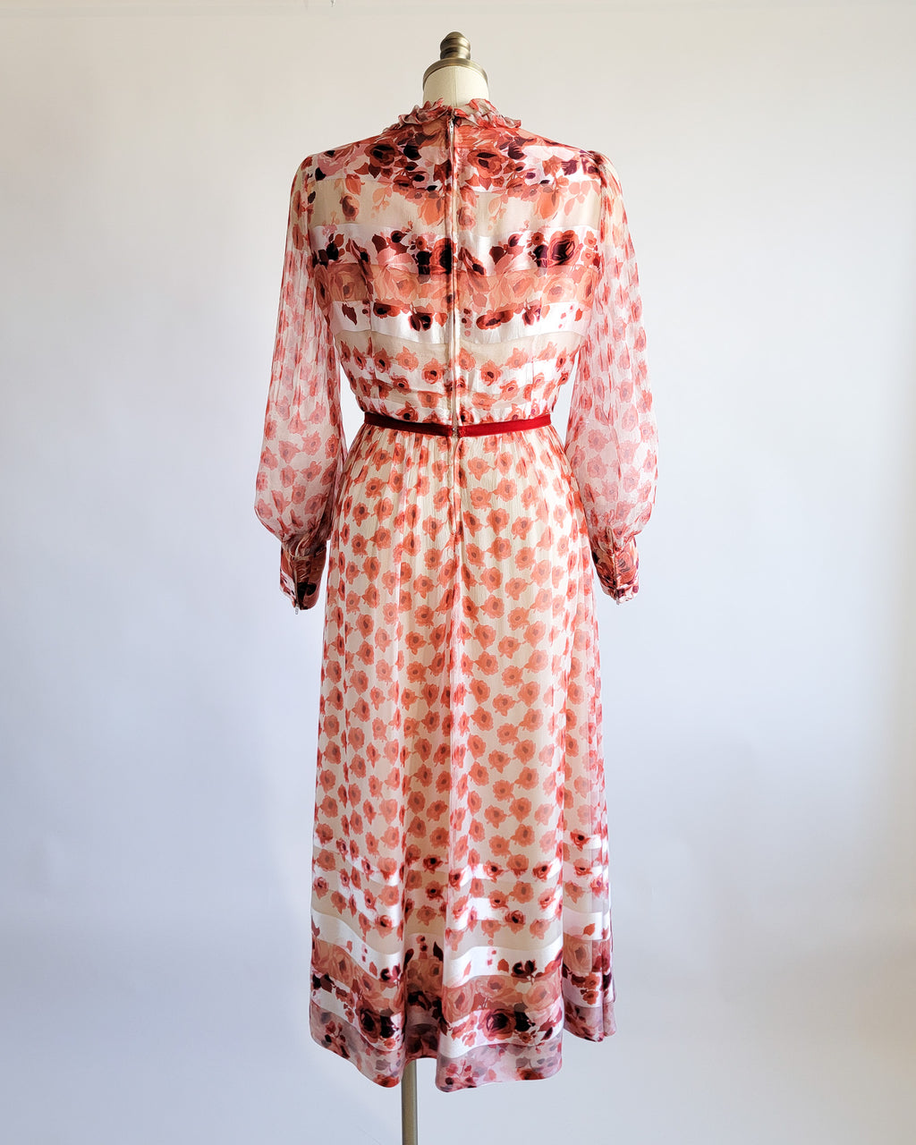70s Red Roses Silk Chiffon Banded Dress w Velvet Belt & Ruffled Collar