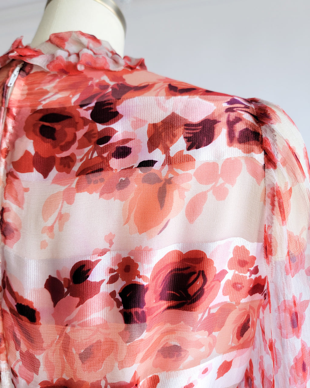 70s Red Roses Silk Chiffon Banded Dress w Velvet Belt & Ruffled Collar