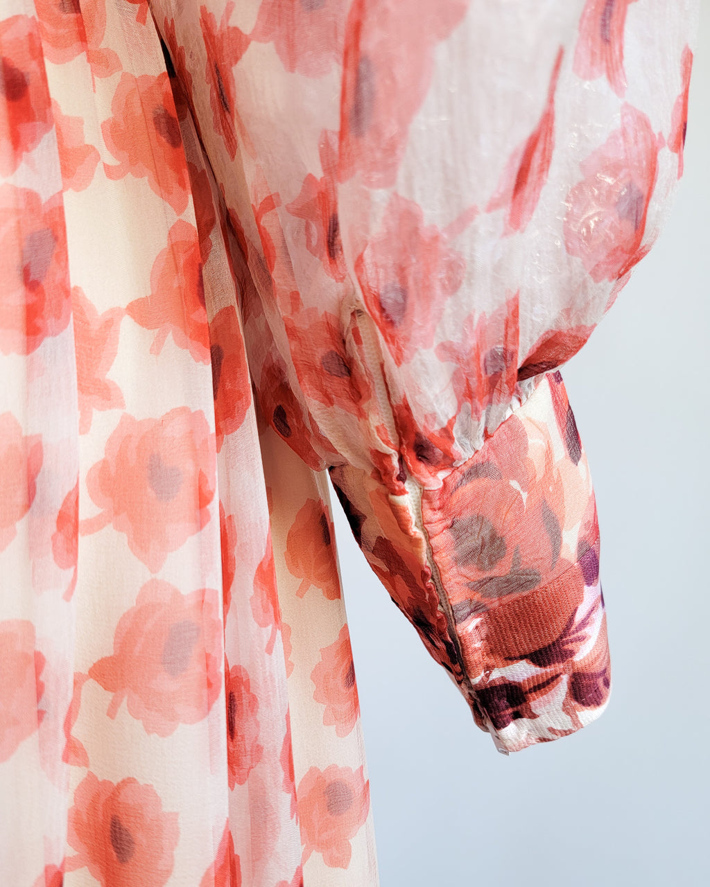 70s Red Roses Silk Chiffon Banded Dress w Velvet Belt & Ruffled Collar