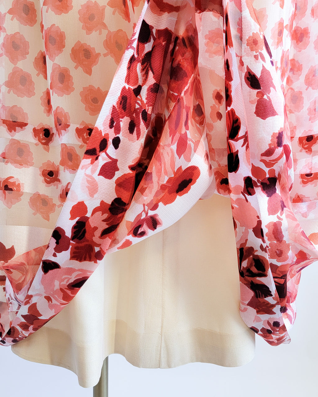 70s Red Roses Silk Chiffon Banded Dress w Velvet Belt & Ruffled Collar