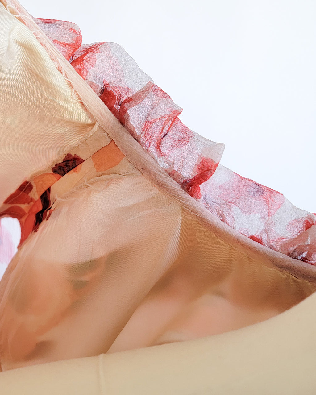 70s Red Roses Silk Chiffon Banded Dress w Velvet Belt & Ruffled Collar