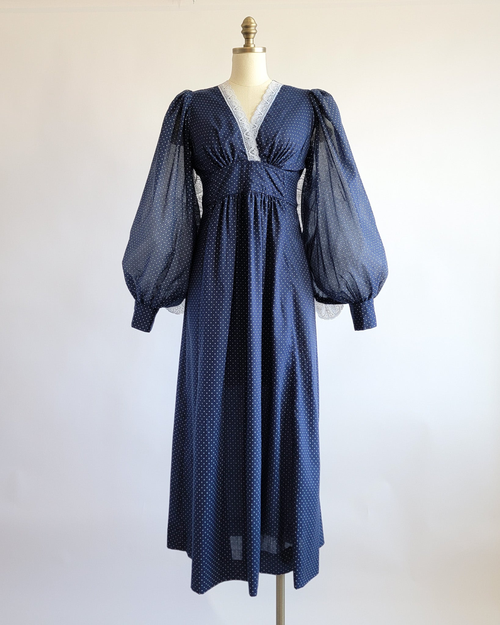 70s Sheer Navy Swiss Dot Maxi Dress w Bishop Sleeves & Lace Trim