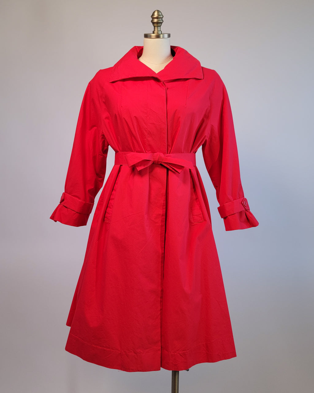 90s Red Open Large Collar Trench Coat w Belt