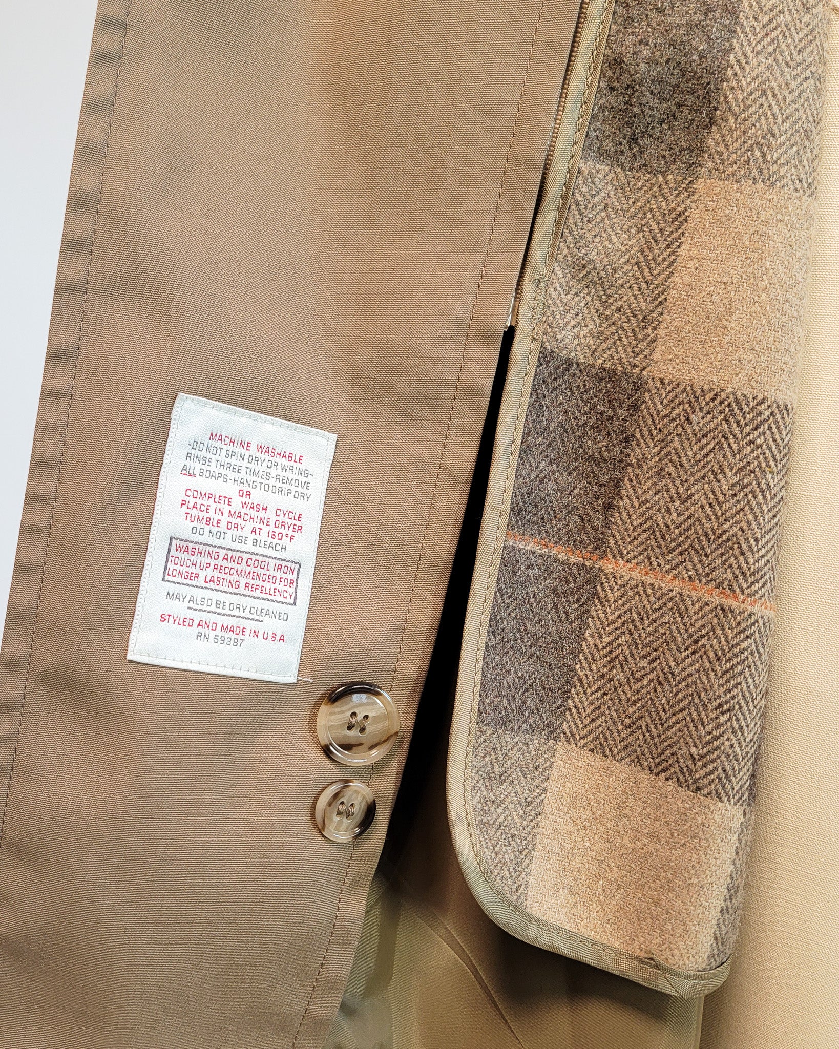 90s Botany 500 Camel Color Trench Coat with Plaid Liner