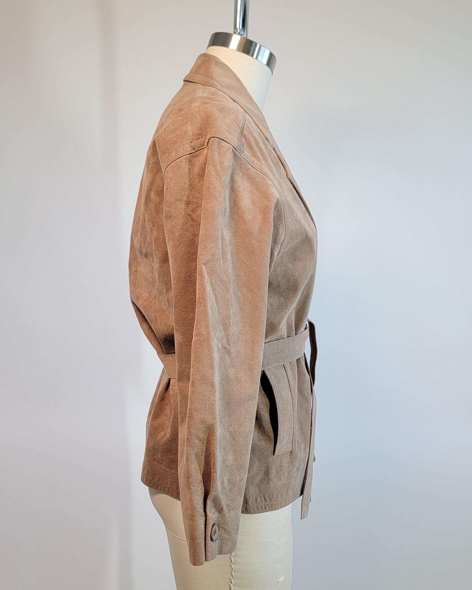 80s Tan Ultra Suede Wide Notch Lapel Jacket w Belt
