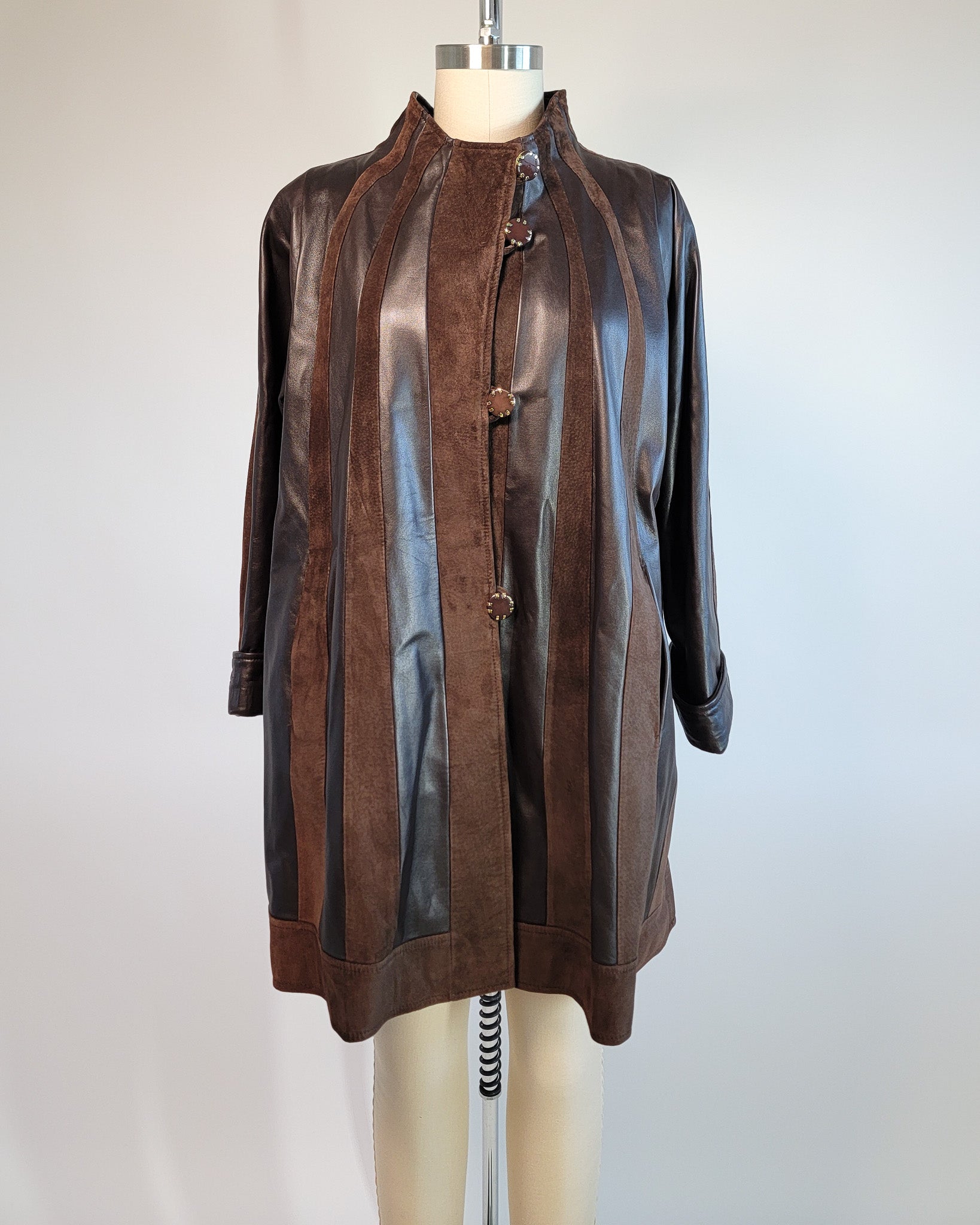 80s Brown Leather & Suede Mock Neck Paneled Coat