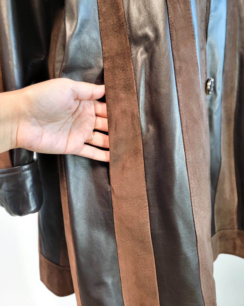 80s Brown Leather & Suede Mock Neck Paneled Coat