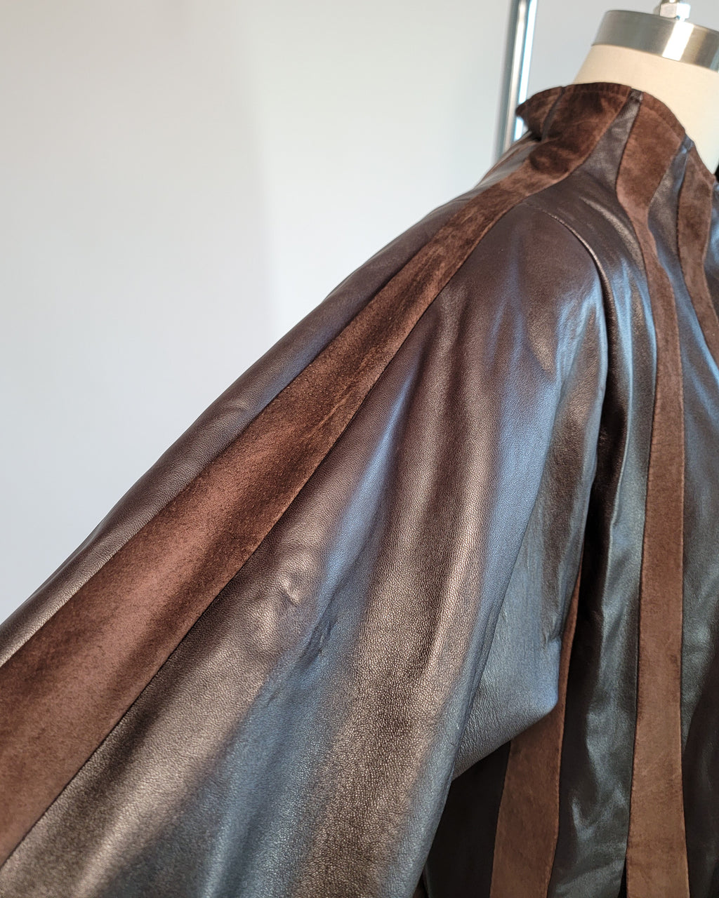 80s Brown Leather & Suede Mock Neck Paneled Coat