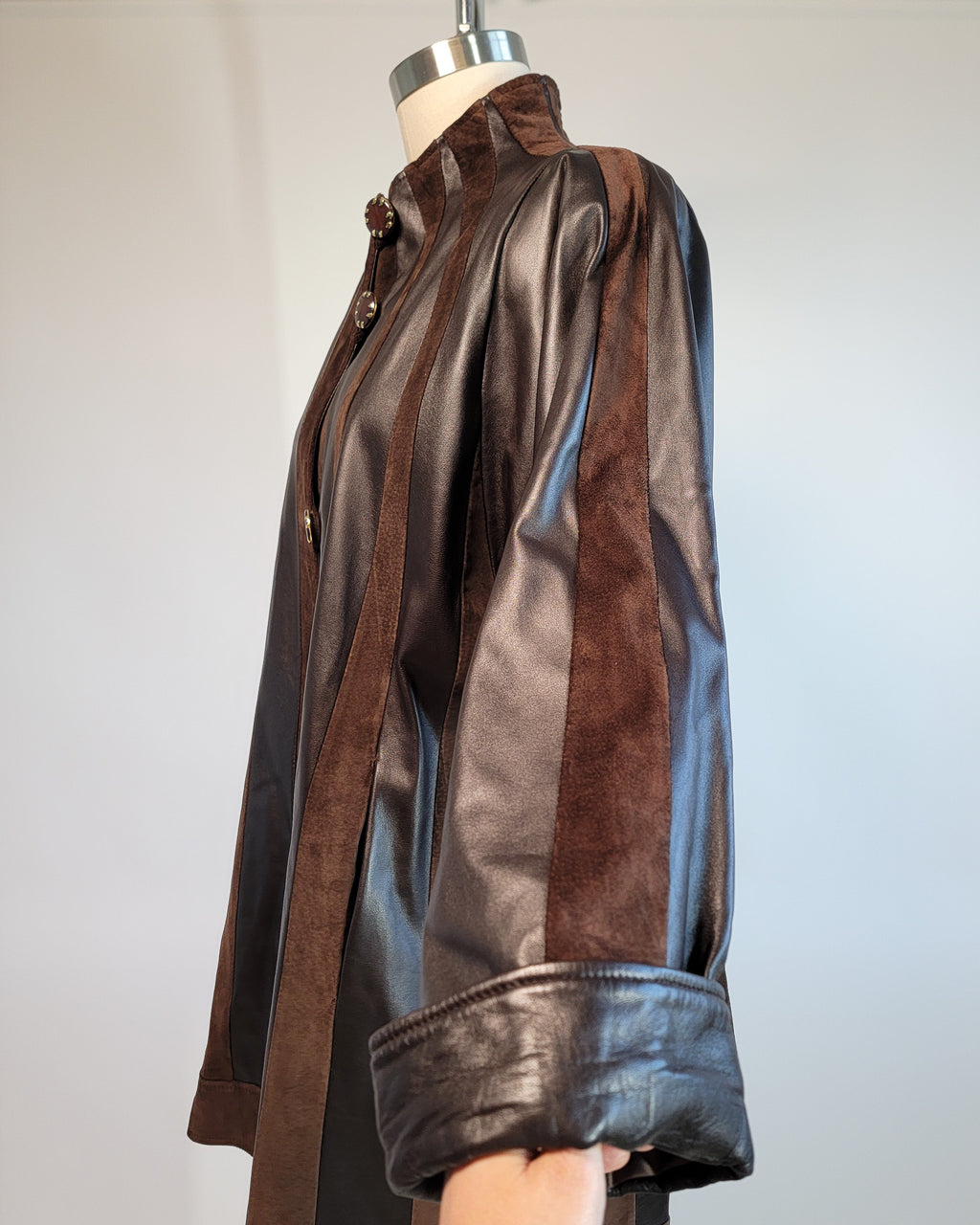 80s Brown Leather & Suede Mock Neck Paneled Coat
