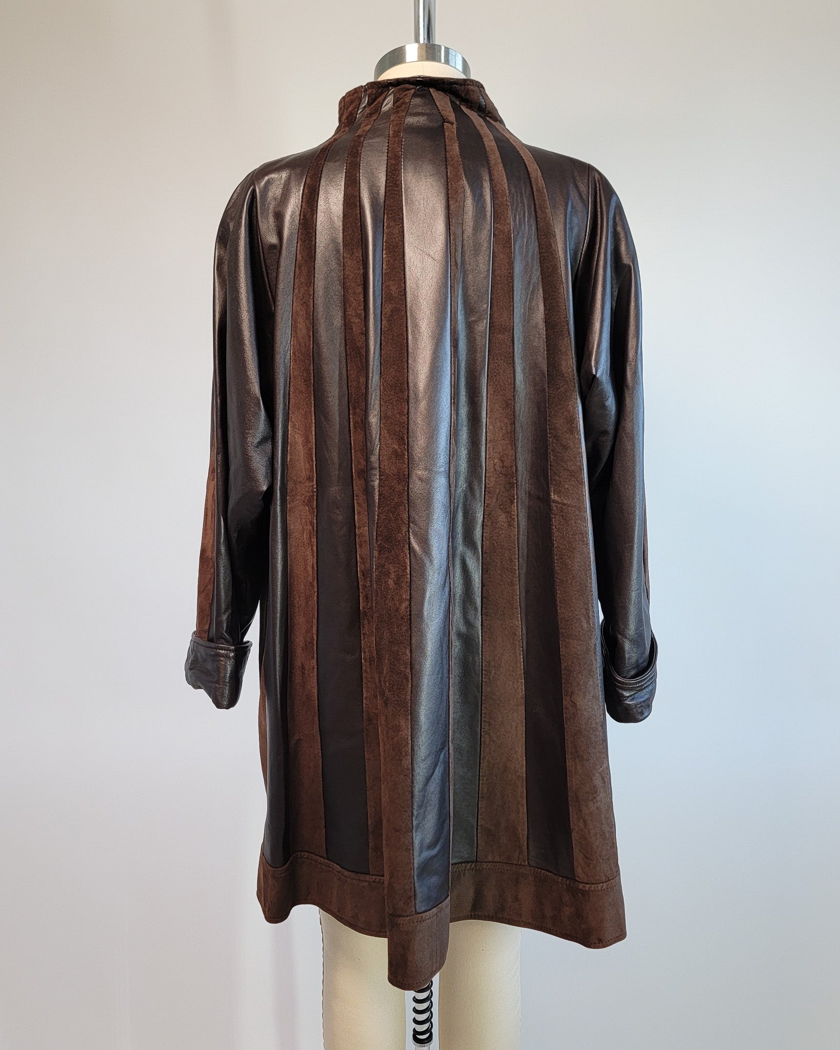 80s Brown Leather & Suede Mock Neck Paneled Coat