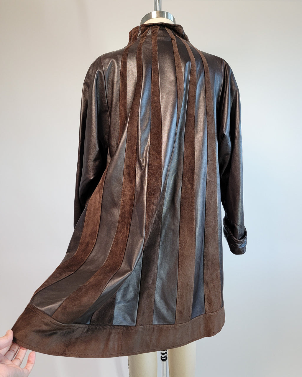 80s Brown Leather & Suede Mock Neck Paneled Coat