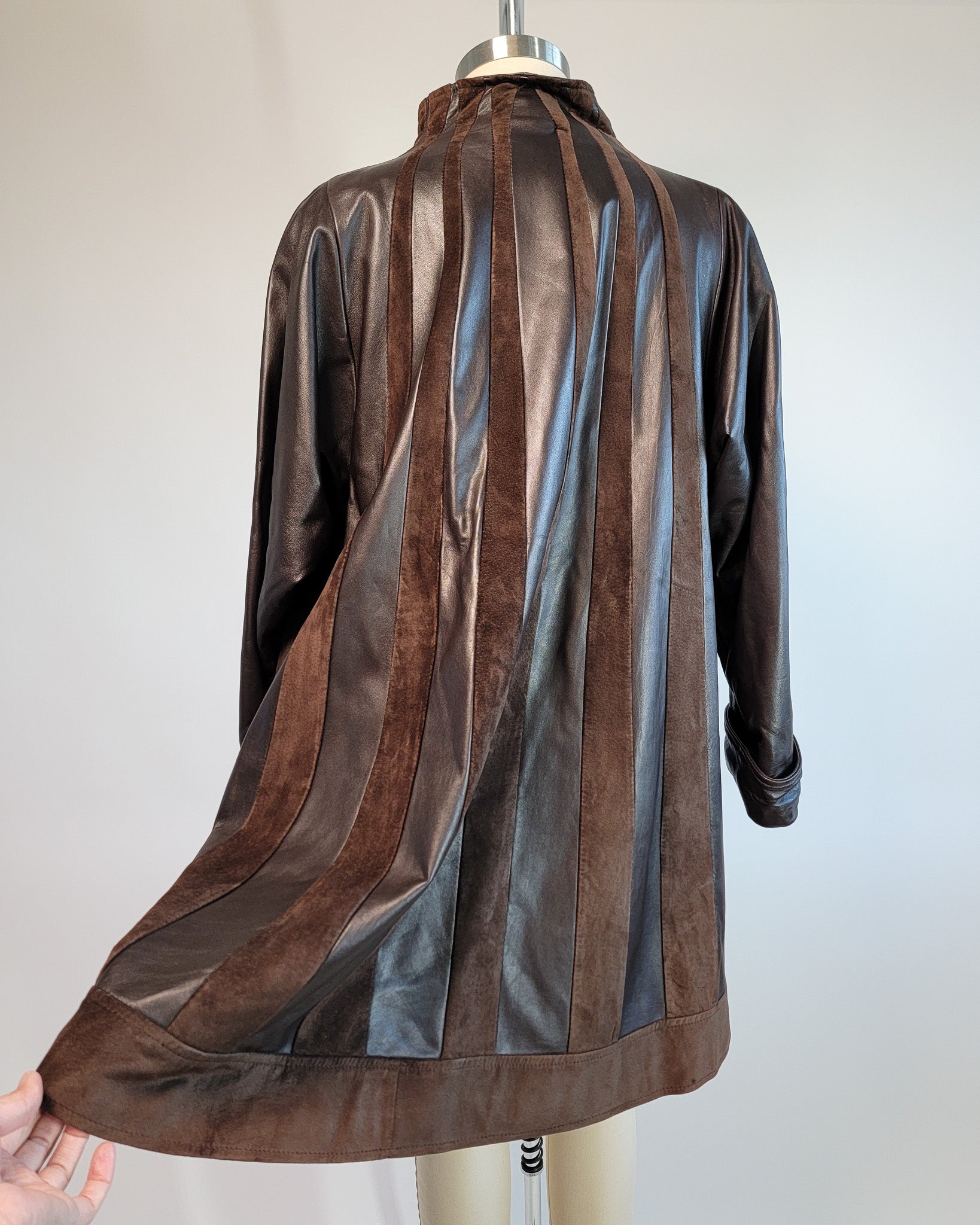 80s Brown Leather & Suede Mock Neck Paneled Coat