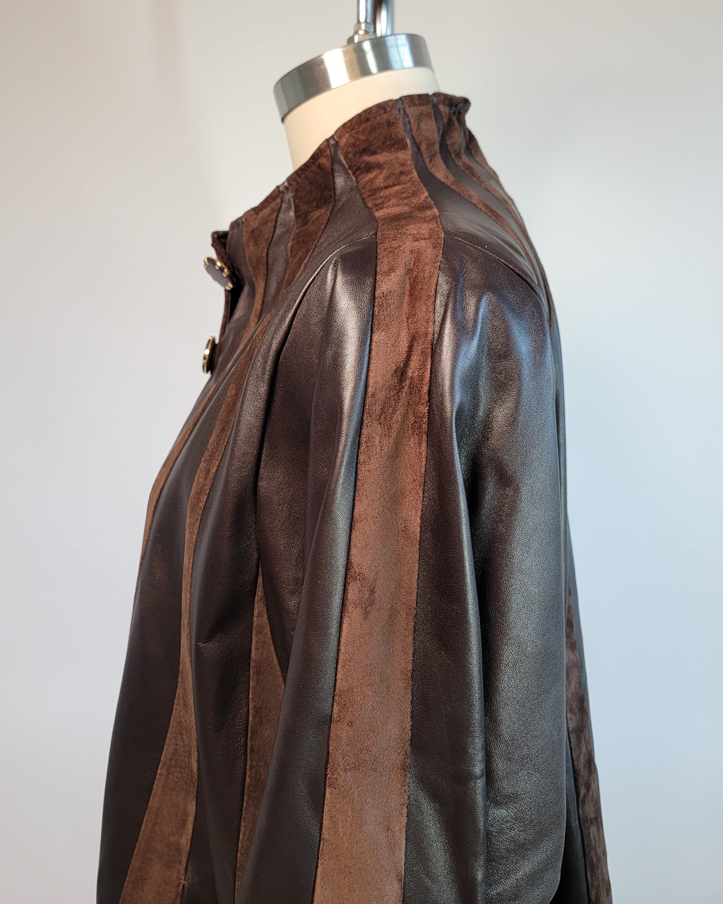 80s Brown Leather & Suede Mock Neck Paneled Coat