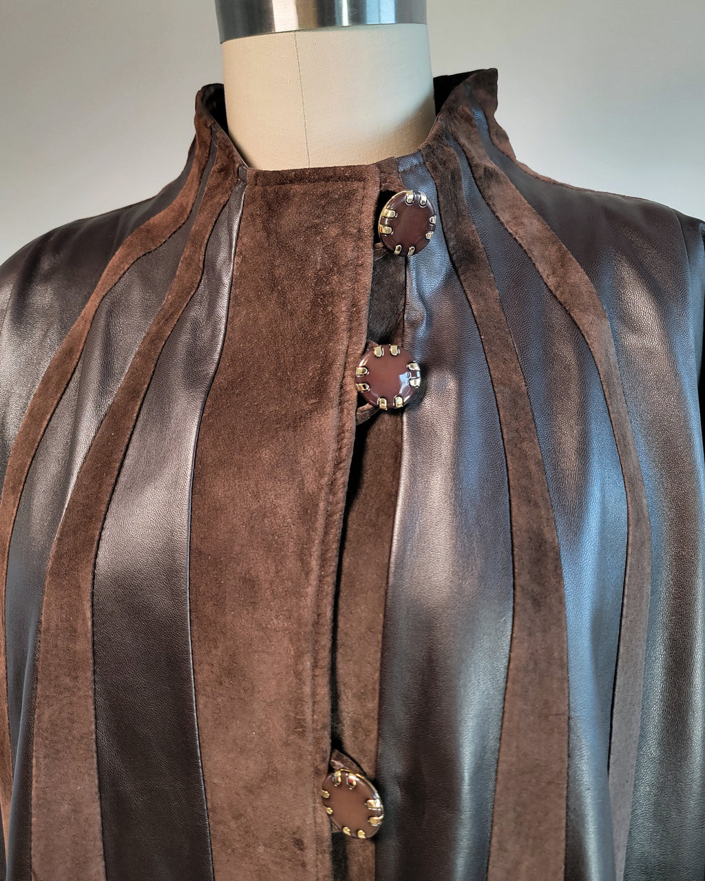 80s Brown Leather & Suede Mock Neck Paneled Coat