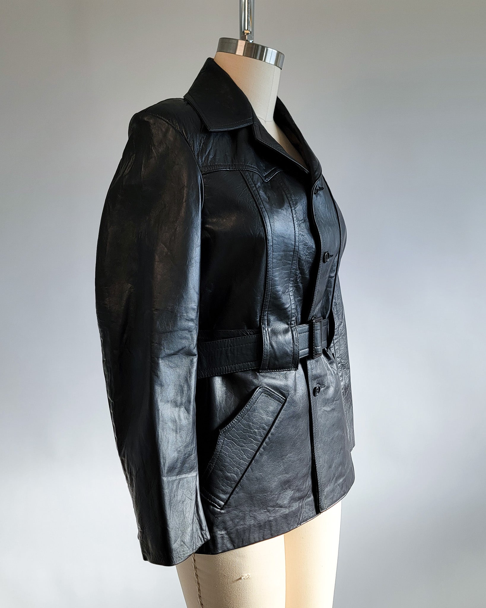 70s Black Genuine Leather Belted Jacket